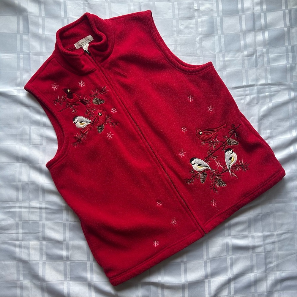 Tradition Country Collection Red Fleece Vest with Cardinal and Chickadee Stitch